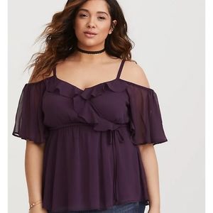 GUC Torrid Size 0X Purple Cold Shoulder Chiffon Blouse